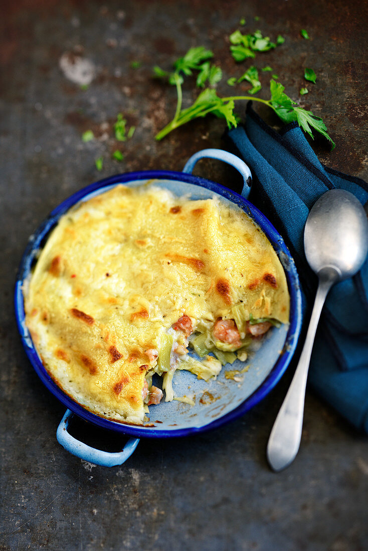 Shrimp and leek lasagnes