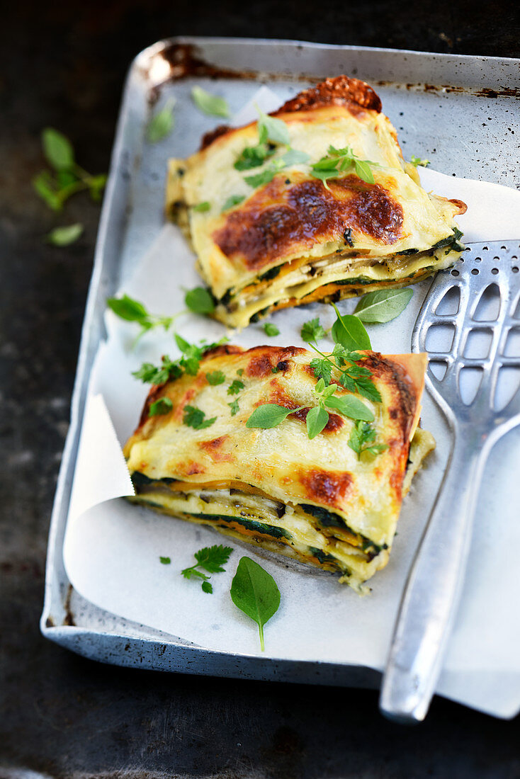 Aubergine,sweet potato and spinach lasagnes