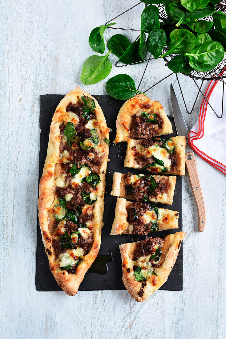 Beef and spinach Turkish pizza