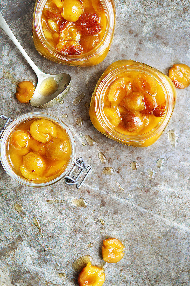 Jars of stewed mirabelle plums