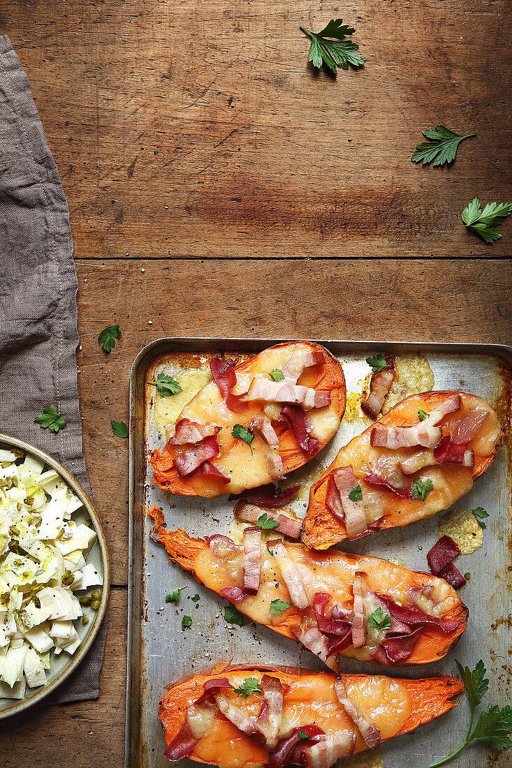 Oven-grilled sweet potatoes with chicory cream