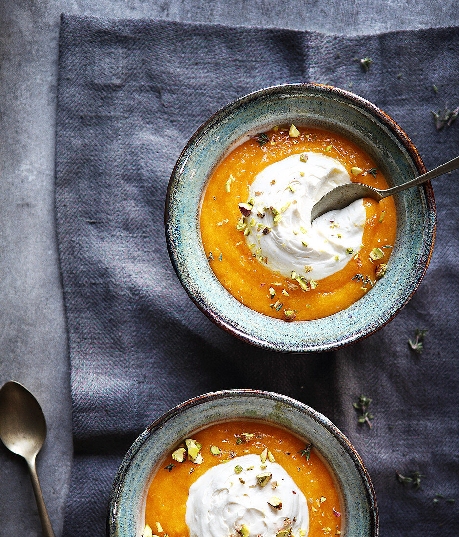 Apricot compote with thyme and coconut whipped cream