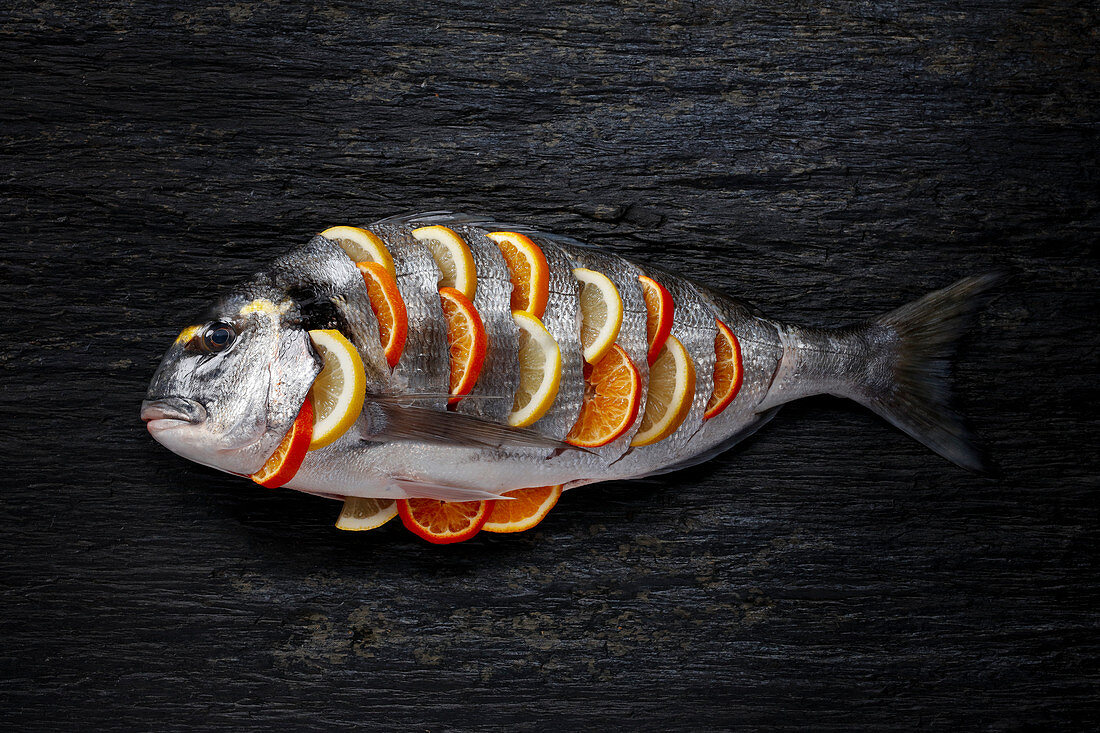 Royal sea bream with citrus fruit before cooking