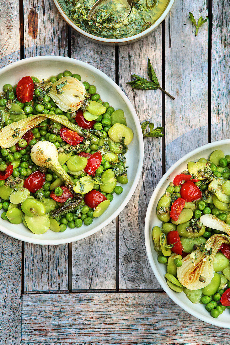 New onions with beans and peas, tarragon sauce