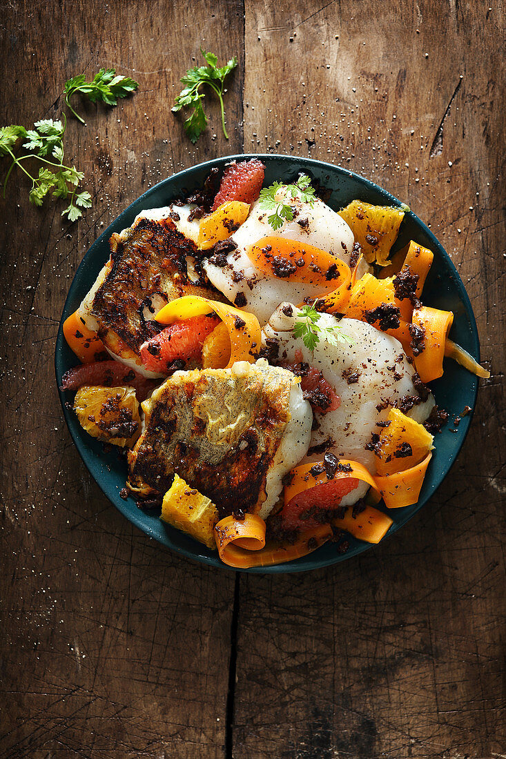 Pollock with carrot and citrus tagliatelle