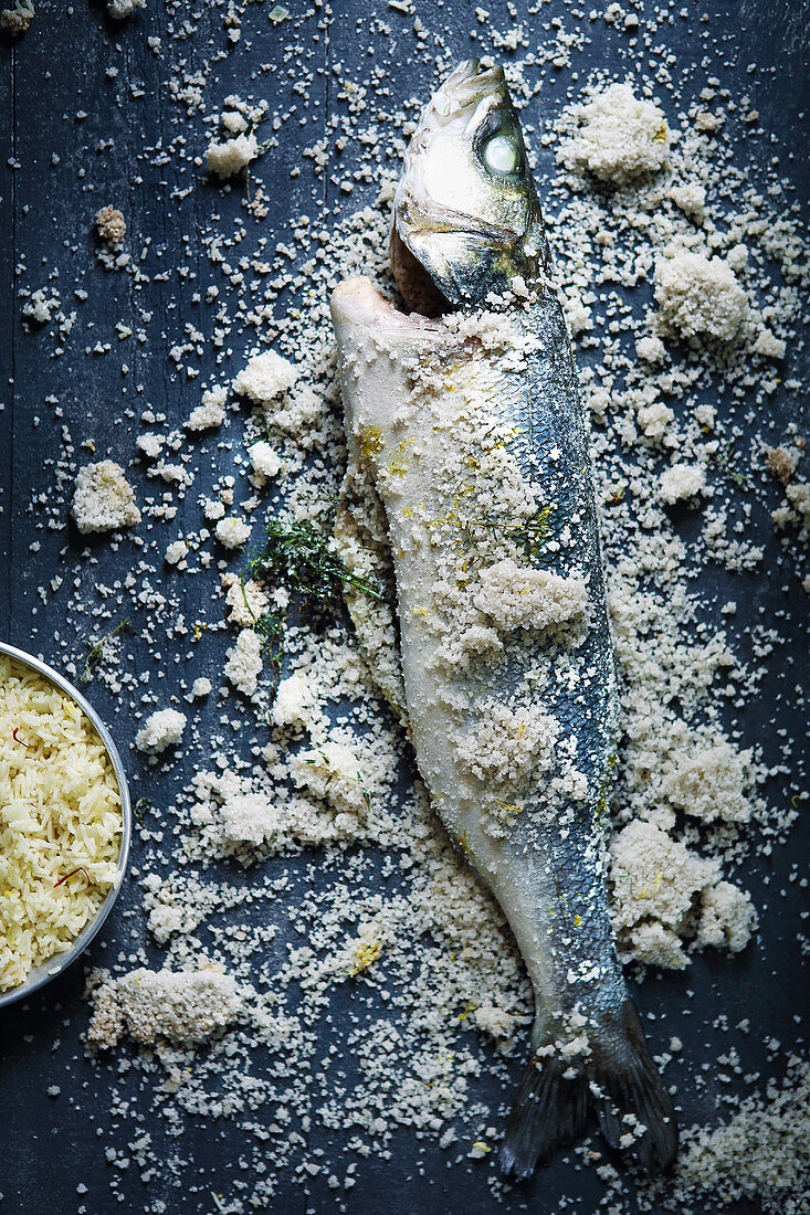 Sea bass in salt crust with citrus fruits
