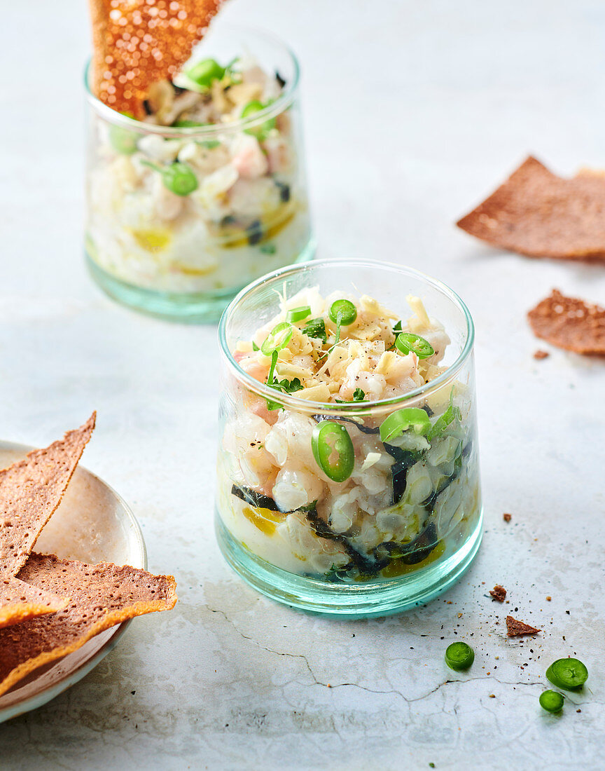 Buckwheat pancake chips and fish and seaweed tartar