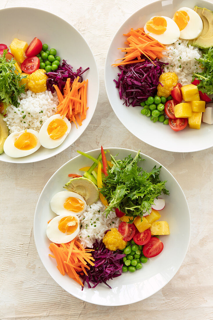 Three vegetarian poke bowls