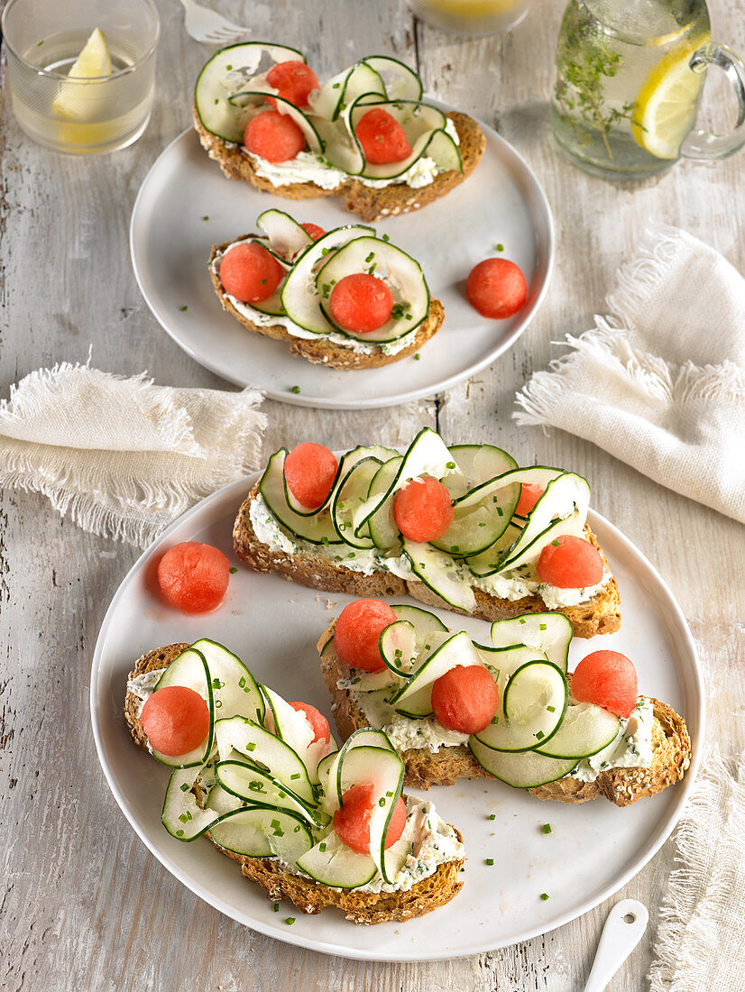 Cream cheese,cucumber and watermelon on toasts