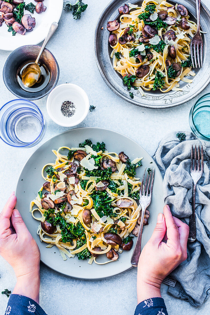 Tagliatelles with kale cabbage,mushrooms and parmesan