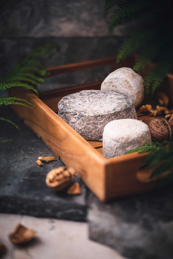 Holztablett mit Ziegenkäse und Walnüssen