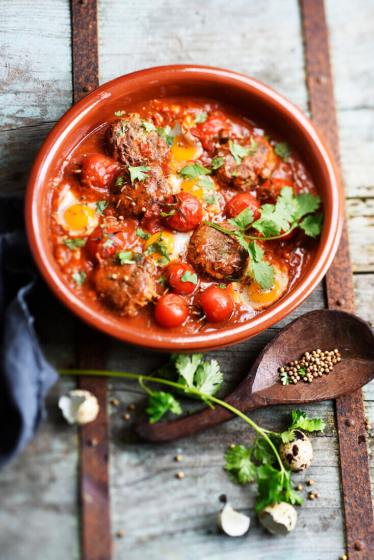 Tagine with beef balls, cherry tomatoes and quail eggs