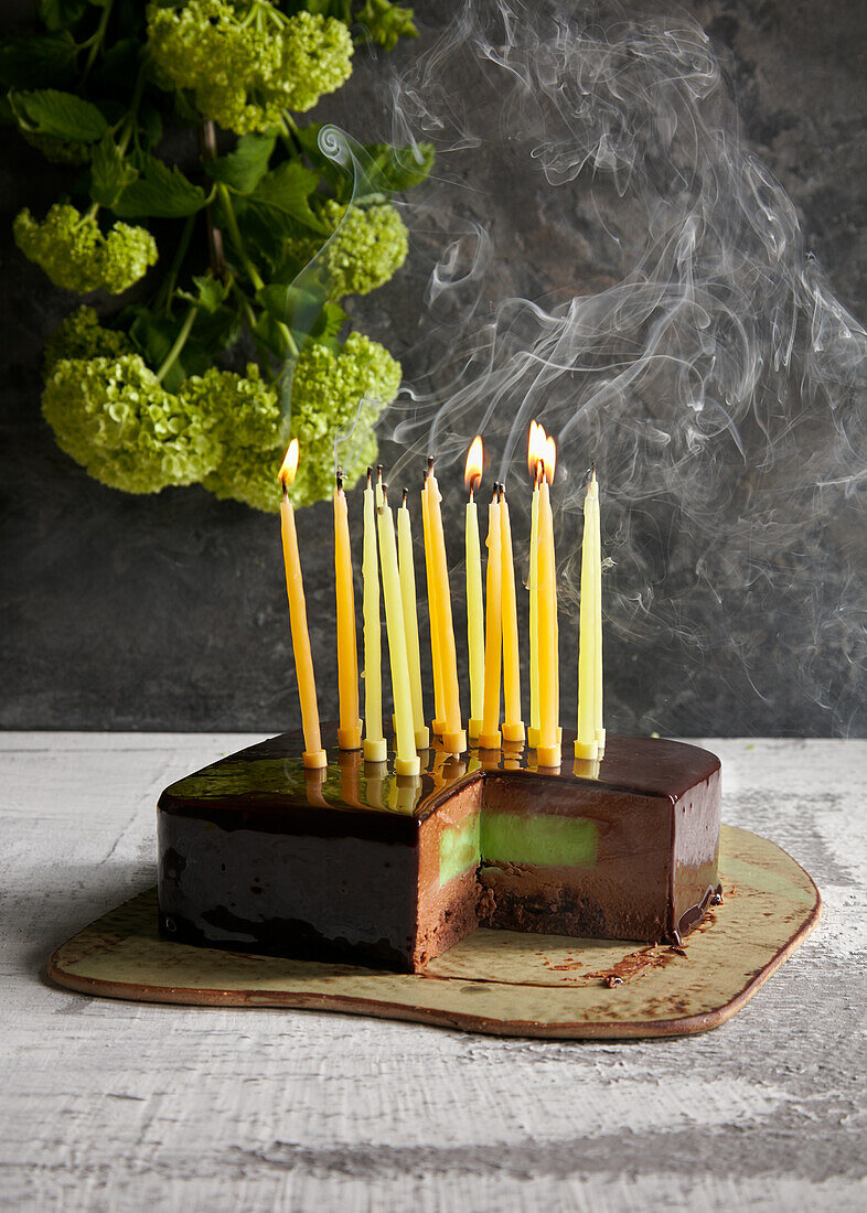 Rectangular birthday cake with chocolate and mint