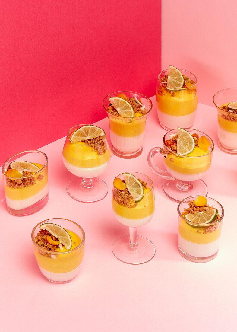 Layered dessert with coconut cream and mango-passion fruit mousse