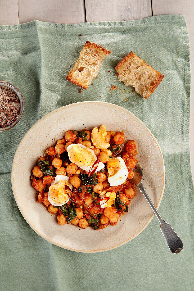 Chickpeas with cod, chard and egg