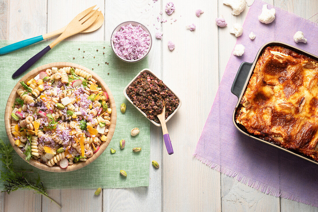 Lasagne and pasta salad with cauliflower and pistachios