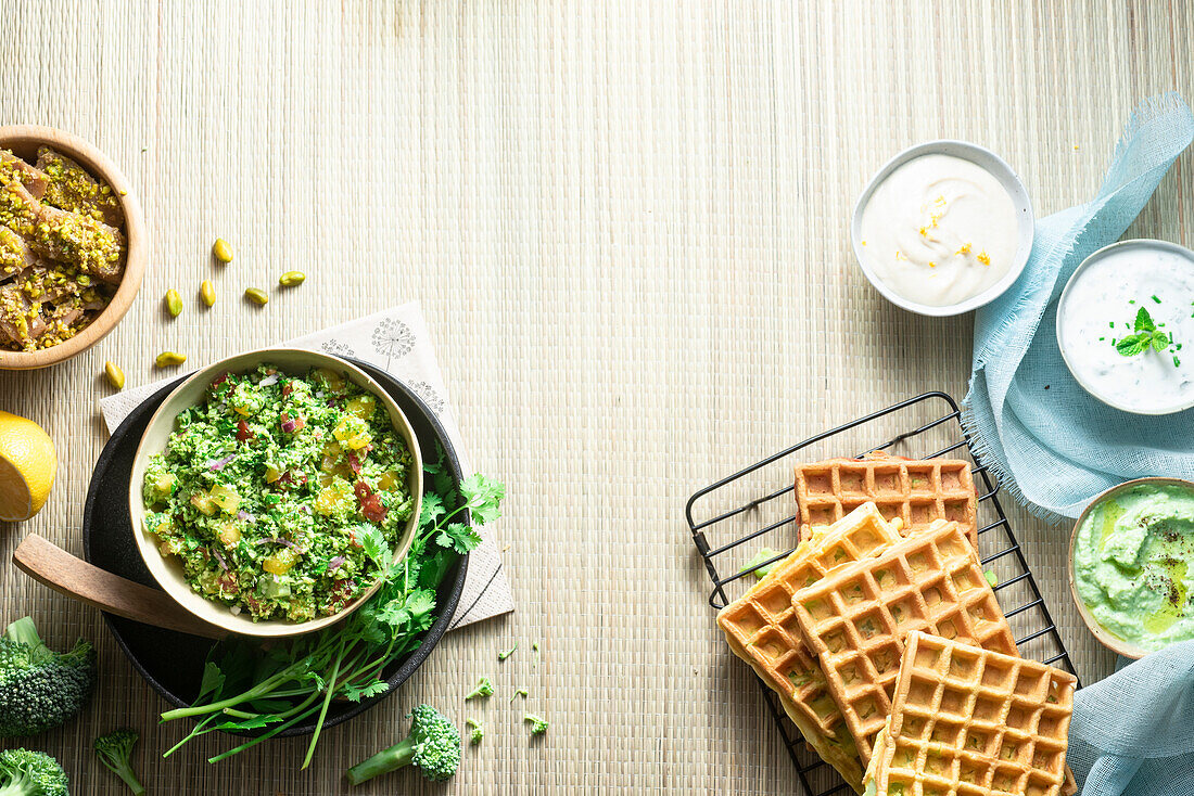 Broccoli salad and broccoli waffles