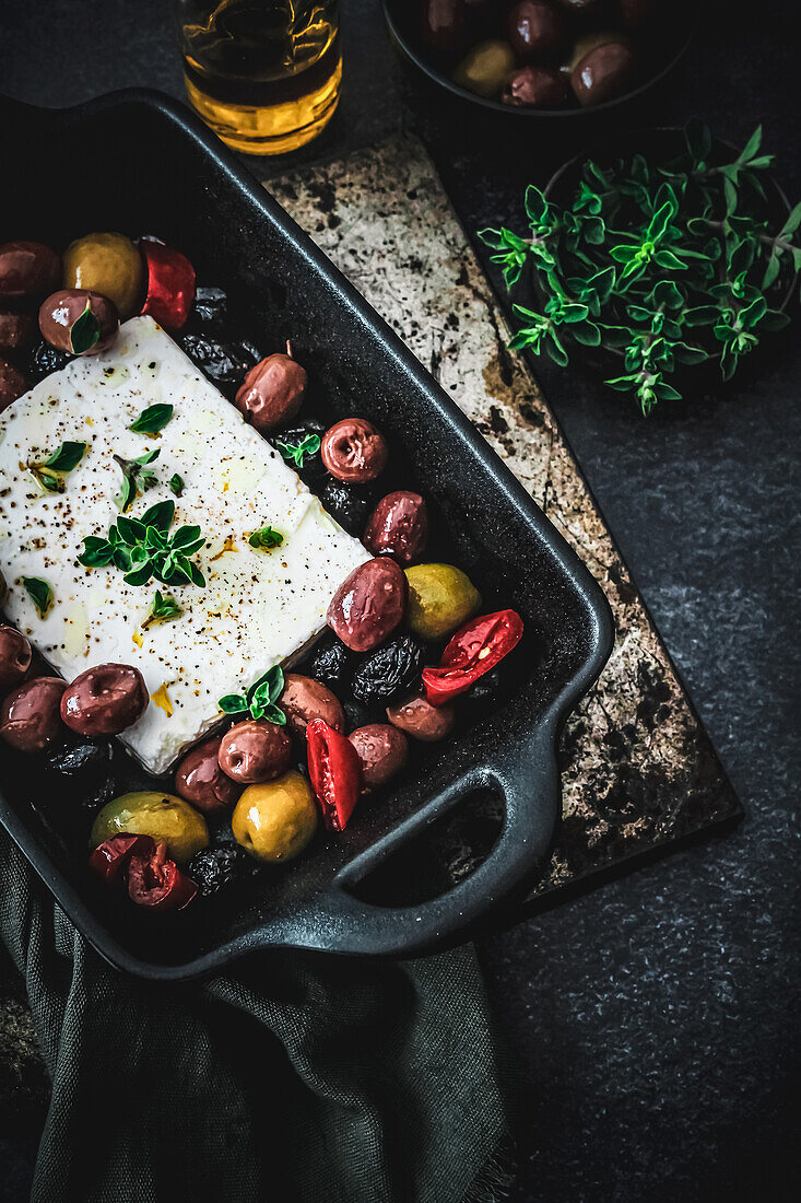 Oven-baked feta with olives
