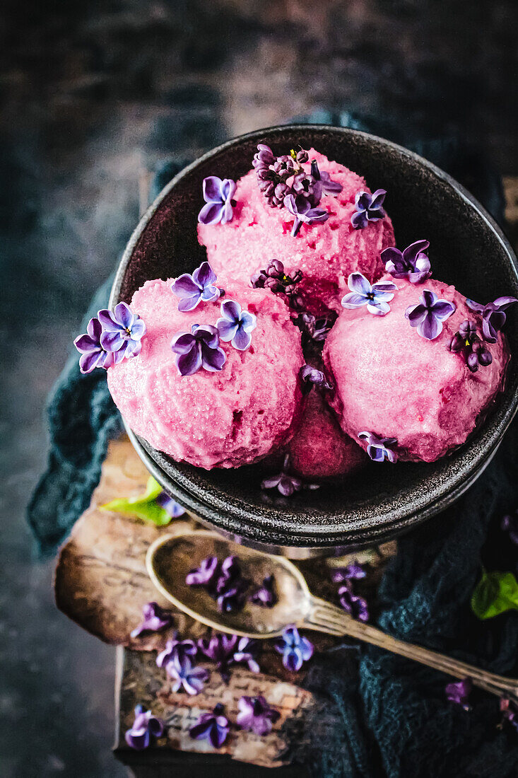 Raspberry ice cream ball with lilac flowers