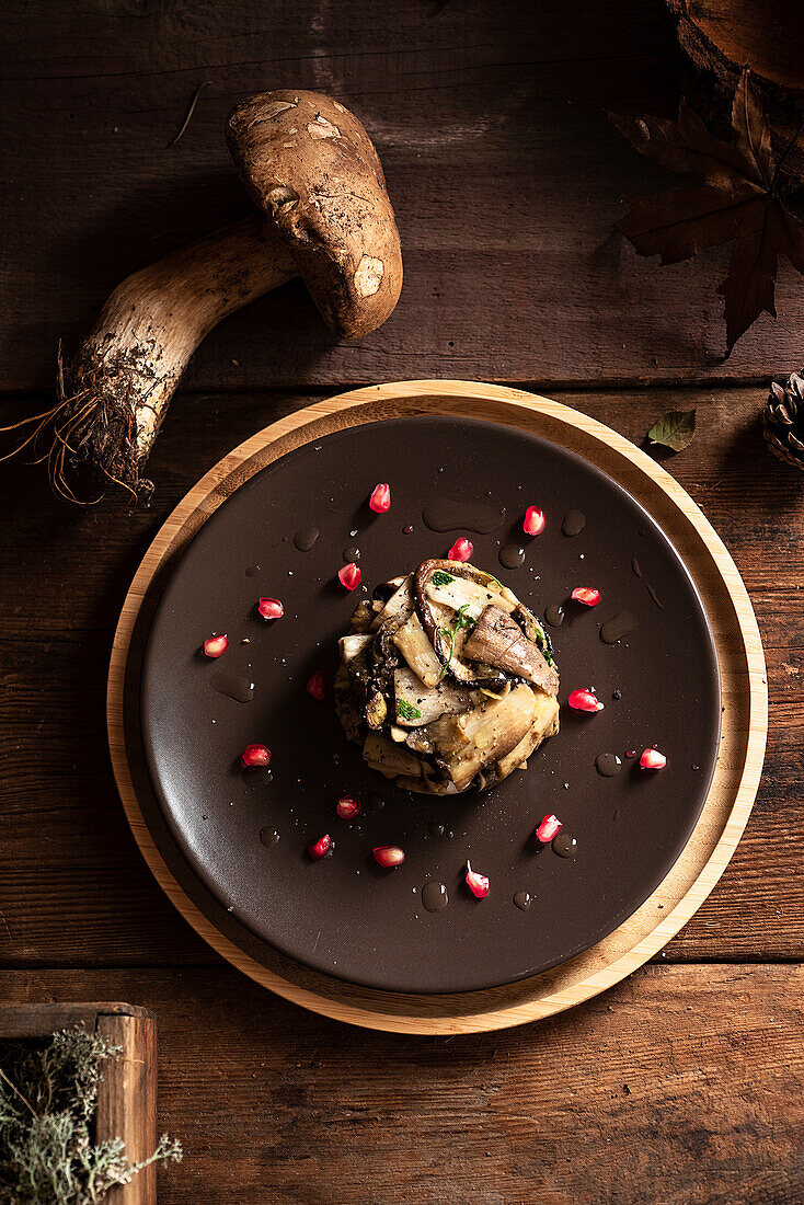 Porcini terrine with pomegranate seeds