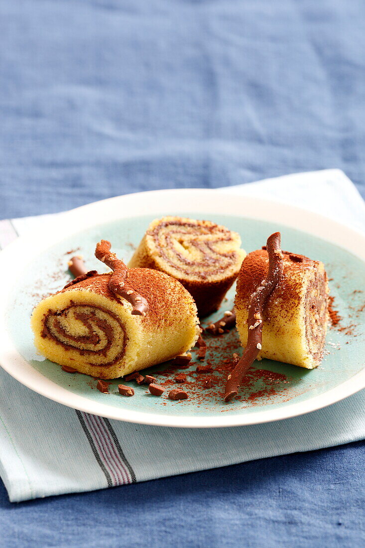 Small sponge cake roulades with chocolate
