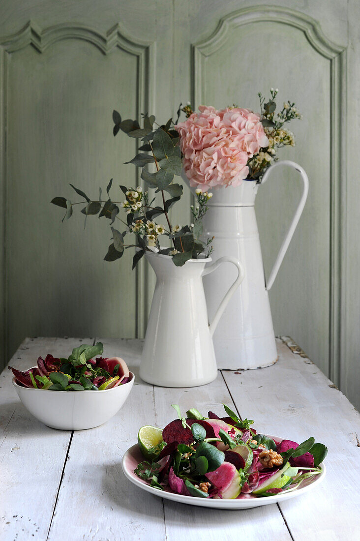 Salad with beets, cress, apples, and walnuts