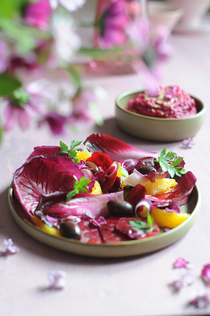 Endive and Red Beet Salad with Beet Hummus
