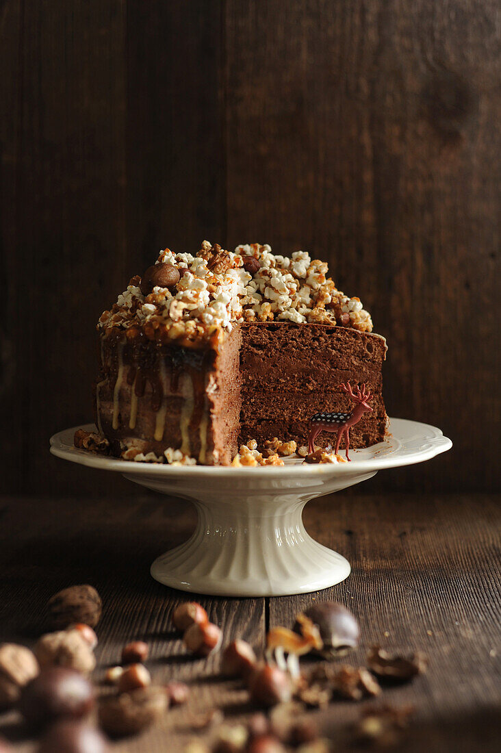 Chocolate cake with dried fruit and popcorn
