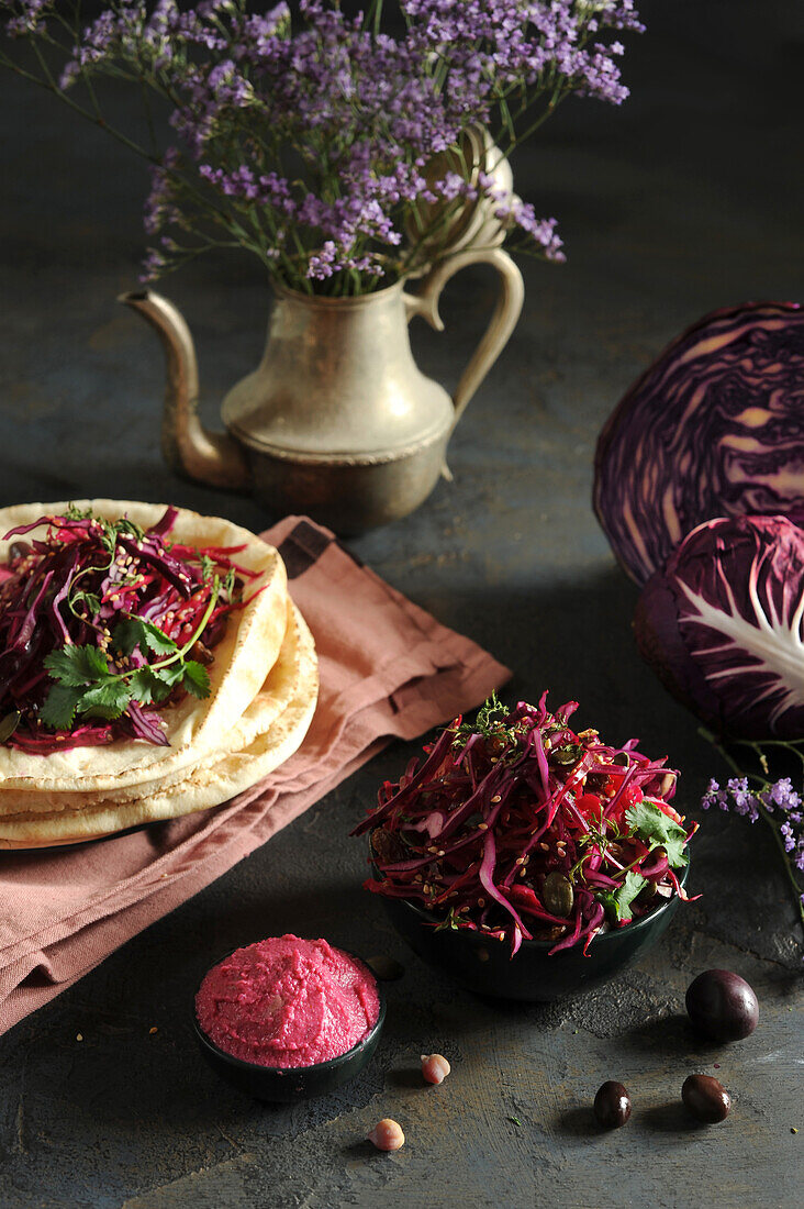 Pita bread with red cabbage hummus