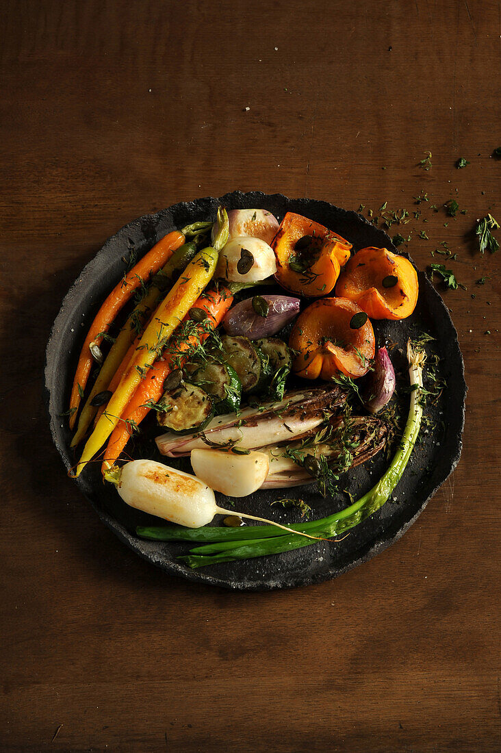 Oven roasted vegetables on serving plate