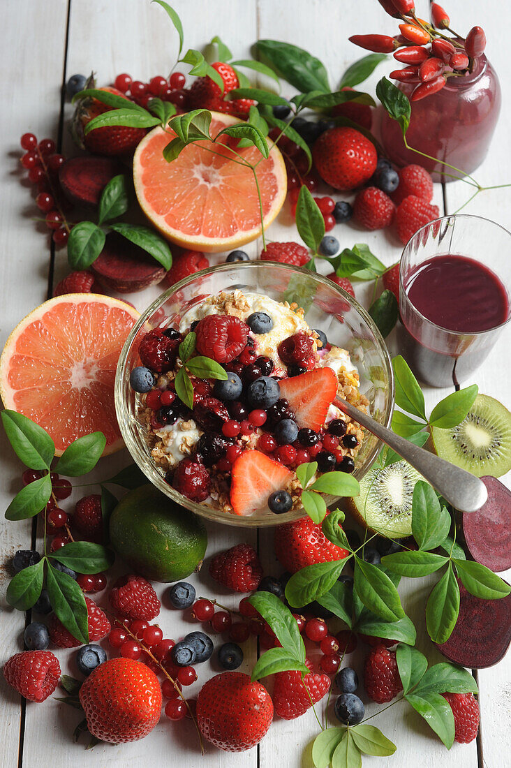 Granola muesli with cottage cheese and fresh fruit