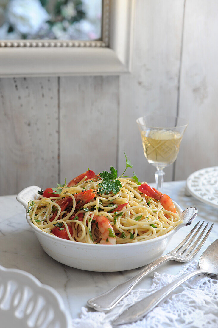 Spaghetti mit Garnelen