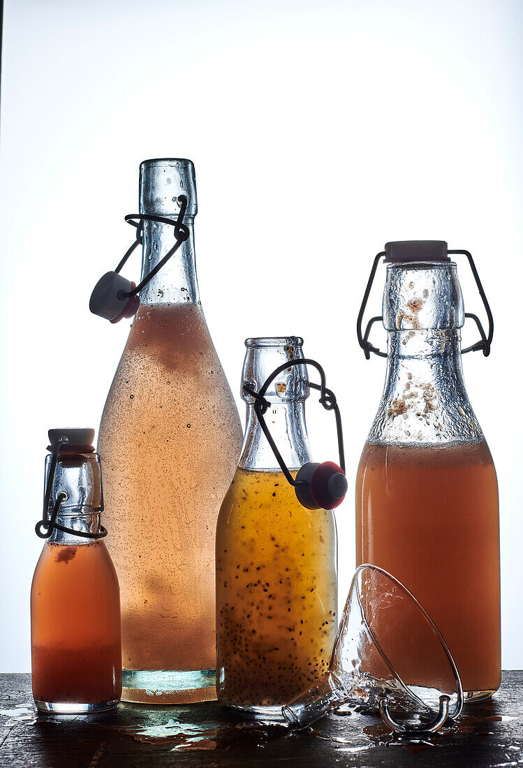 Different kinds of fruit kefir in bottles