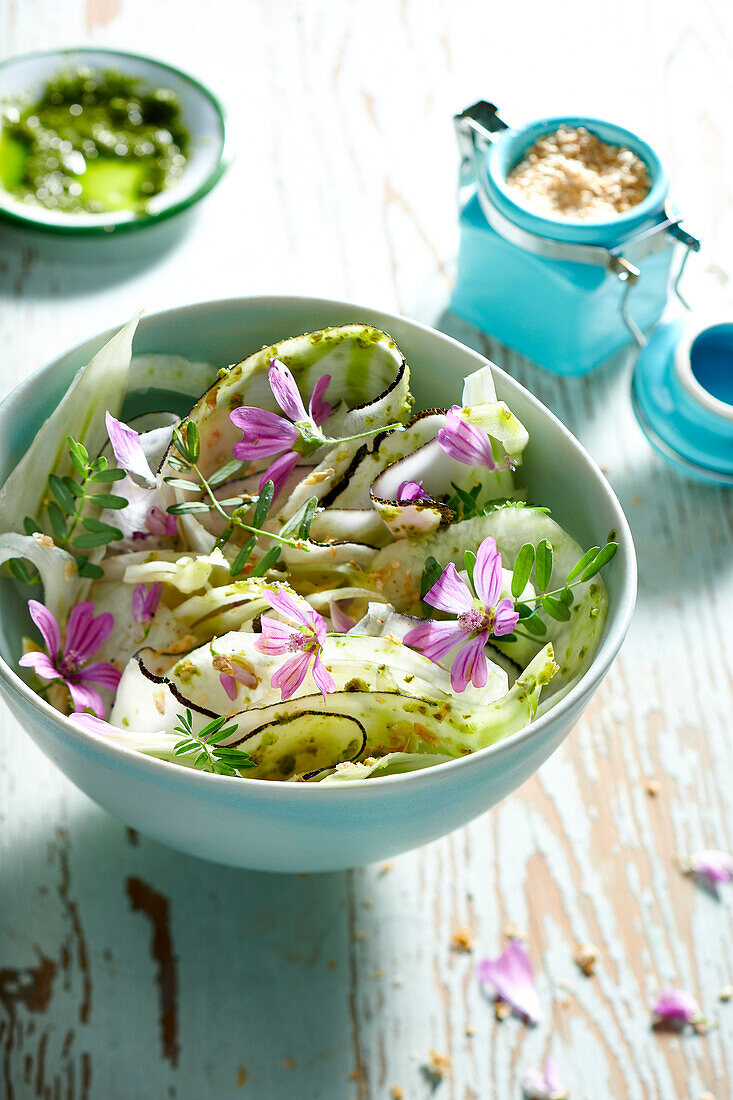 Black radish salad with mallow blossoms