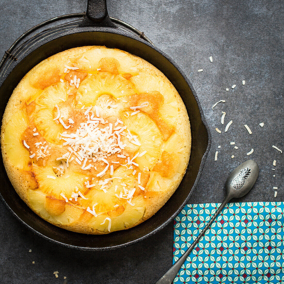 Pineapple Rum cake baked in a cast iron pan