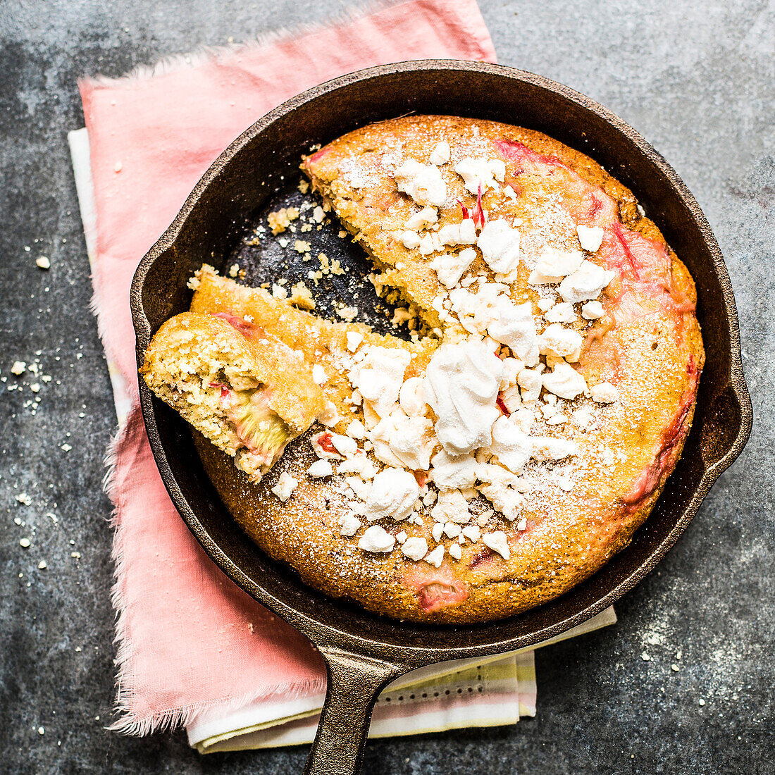 Cast iron skillet rhubarb cake with meringue