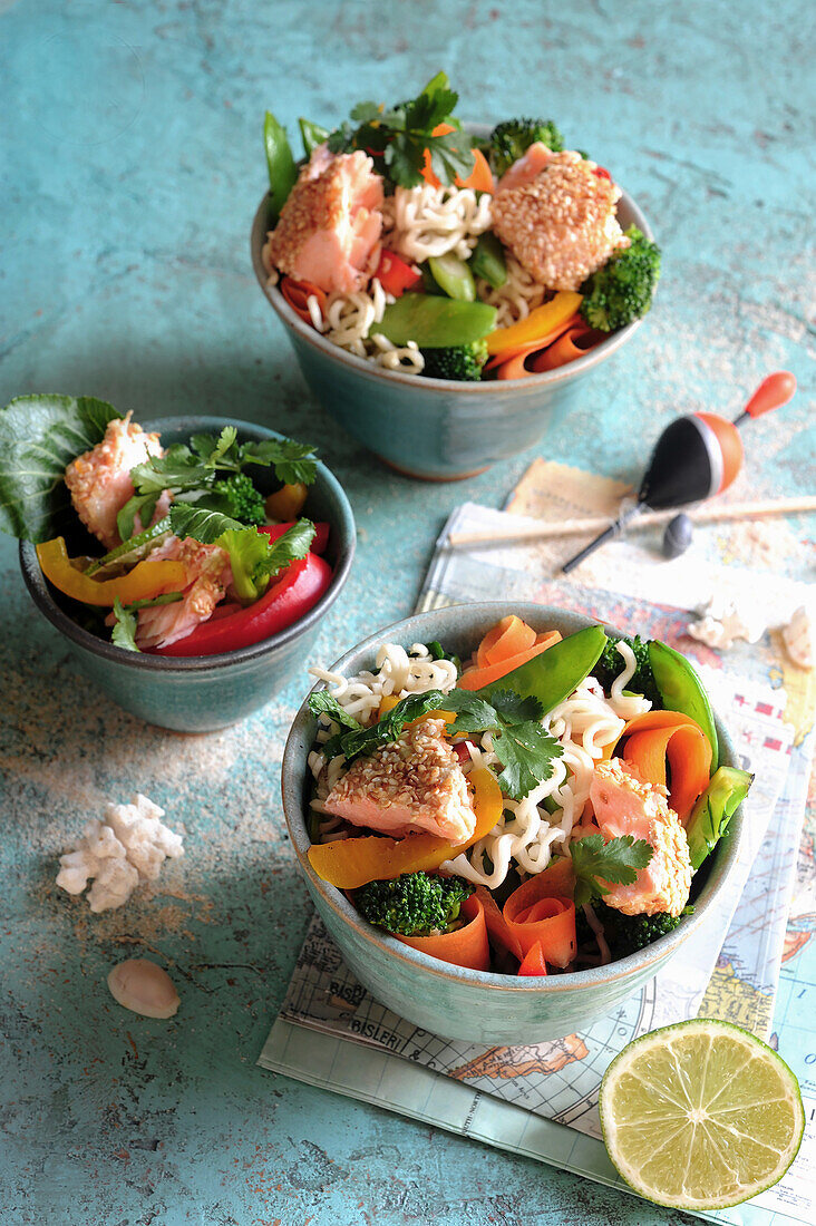 Noodles with sesame salmon and spring vegetables
