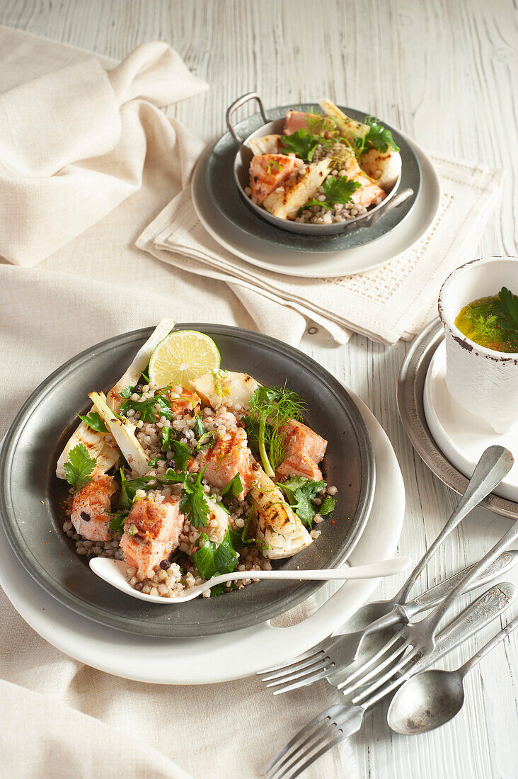 Lukewarm buckwheat salad with fish and fennel