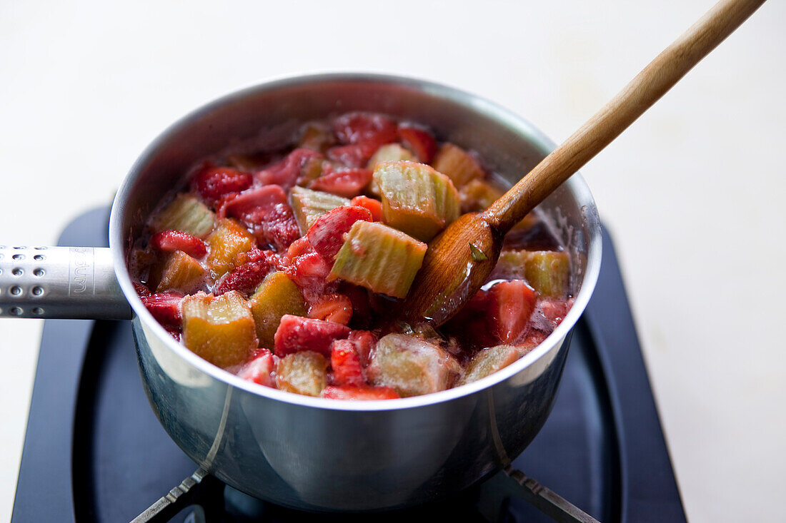 Making strawberry rhubarb sorbet. Boil the berries and rhubarb in a saucepan