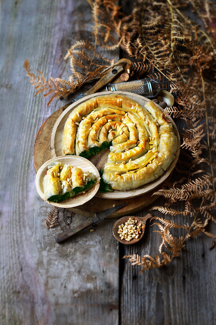 Spanakopita, cut (filo pastry with spinach, Greece)