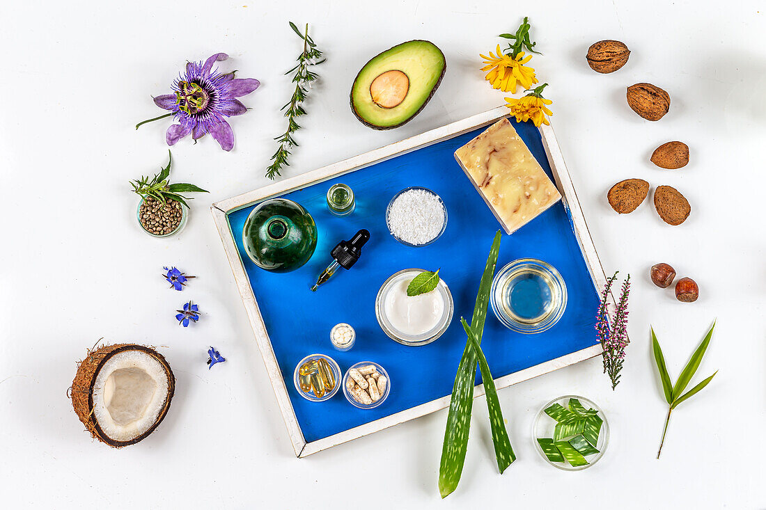 Heilbllüten, Samen, Nüsse als Zutaten für kosmetische Öle und die alternative Medizin
