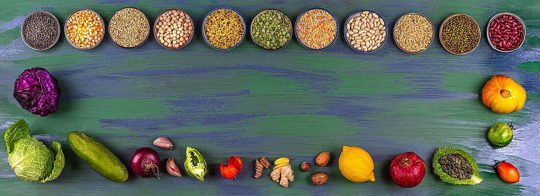 Grains, seeds, legumes, organic vegetables and organic fruit for a healthy diet
