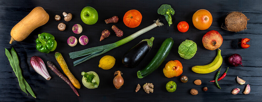 Fresh fruit and vegetables for a vegan diet