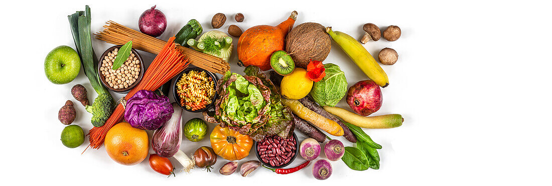 Fruit, vegetables, beans, pasta, mushrooms and nuts for the vegan diet