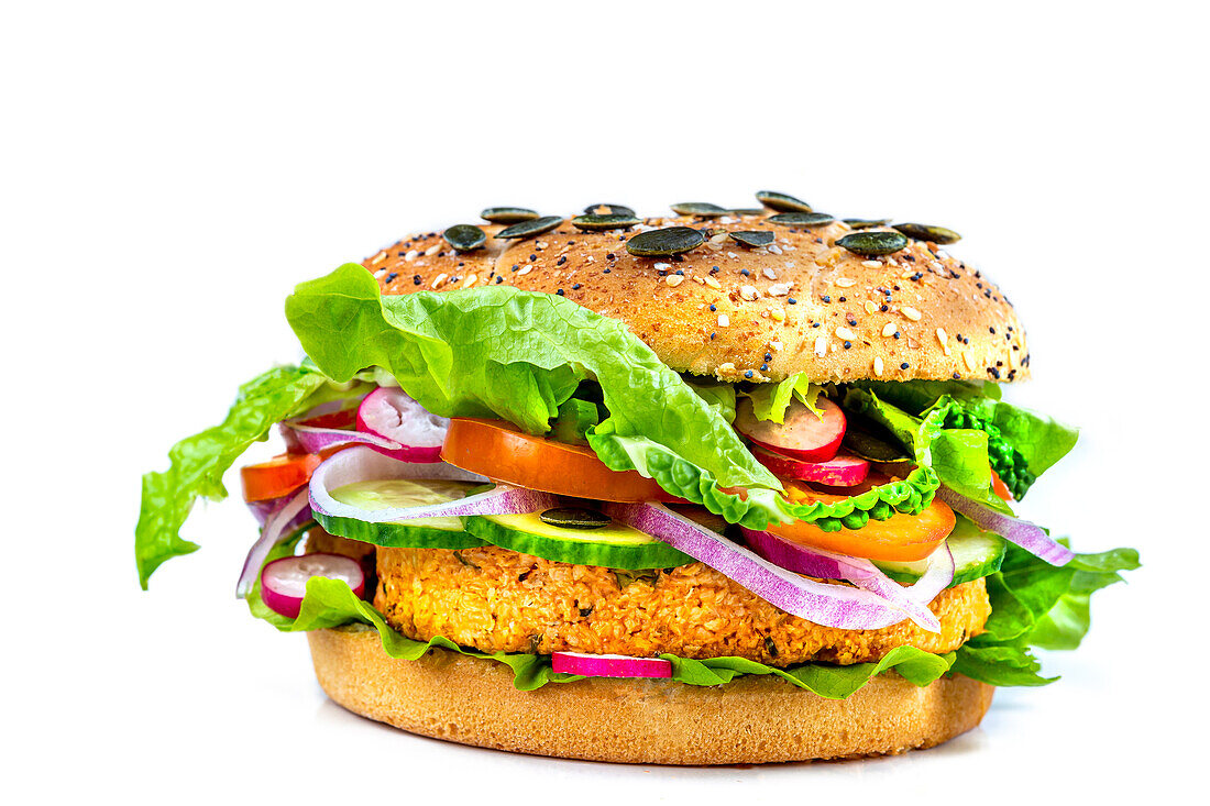 Vegetarian gourmet burger against a white background