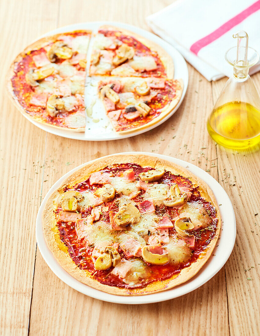 Tortilla pizzas with mushrooms
