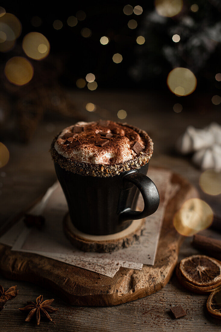 A cup of hot chocolate with hazelnuts