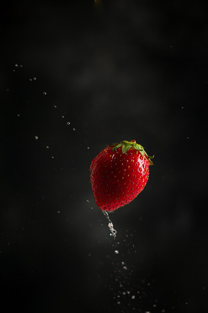 Erdbeere mit Wassertropfen vor dunklem Hintergrund