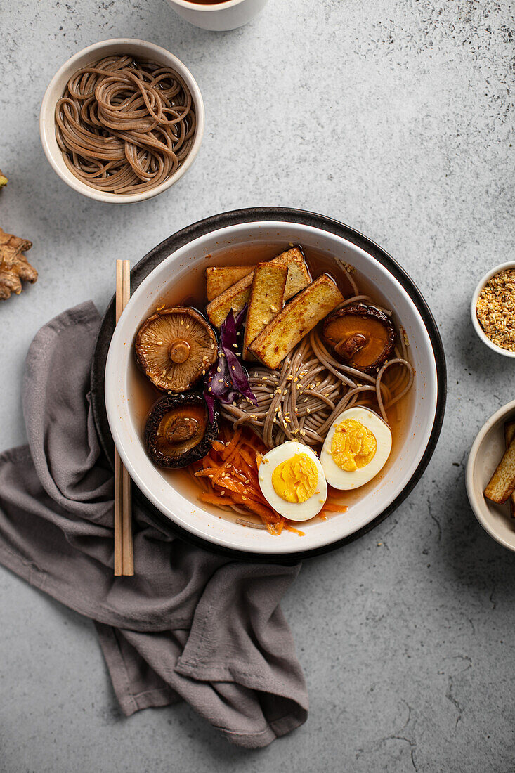 Ramen with tofu, mushrooms, and egg (Japan)