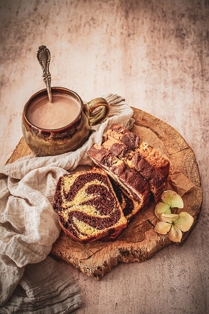 Marble cake with a cup of hot chocolate